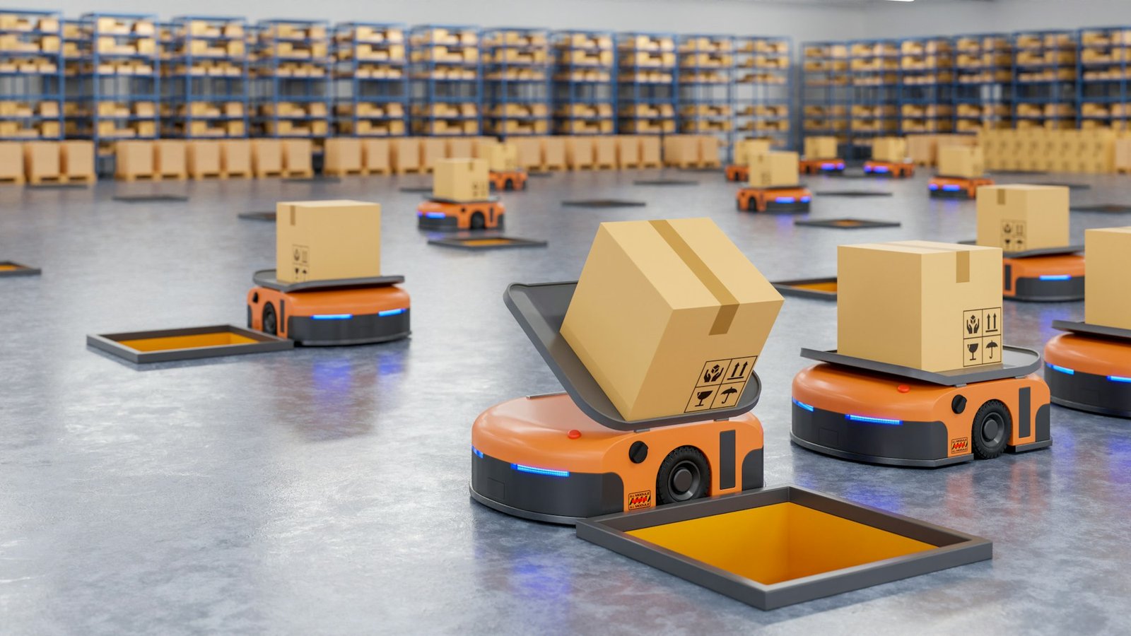 An army of robots efficiently sorting hundreds of parcels per hour.